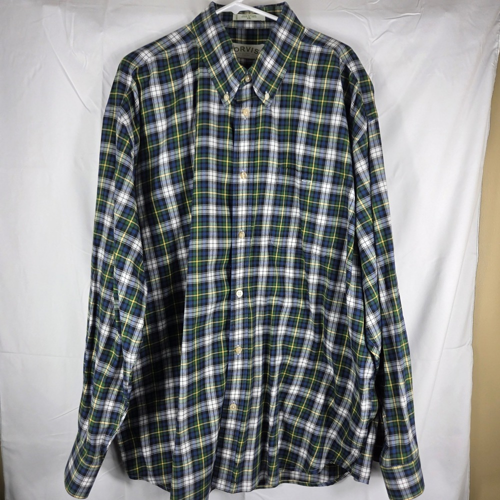 Orvis Mens XXL Plaid Button Down Shirt Green Blue Cotton Long Sleeve Pocket